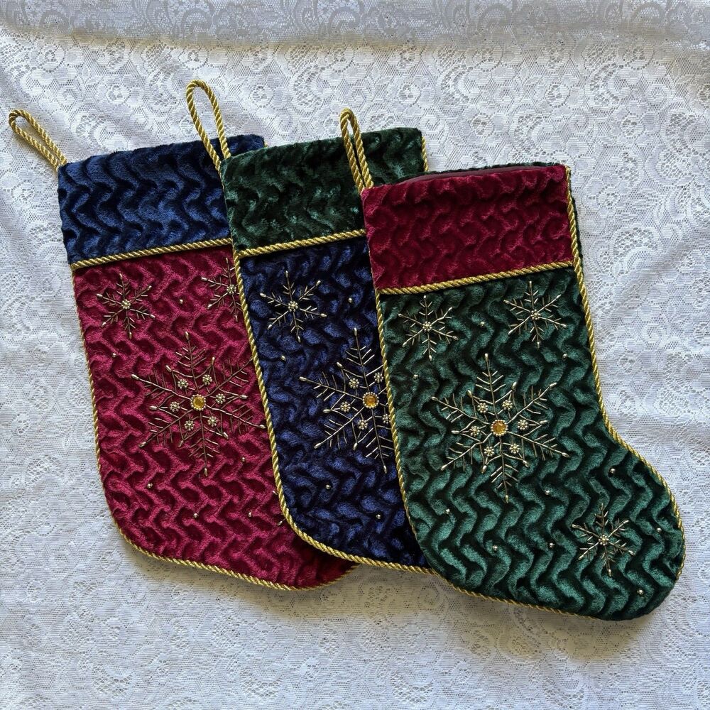 Set of 3 Velvet Christmas Stockings Beaded Snowflake Jewel Holiday Decor